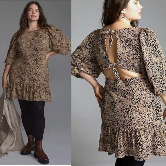 Anthropologie Maeve Knit Cut-Out Mini Dress Leopard Print Tan Plus Size 18W - Picture 1 of 14